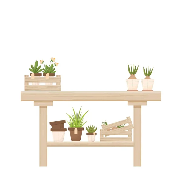 Houten Tafel Met Potplanten Bloemen Bloemist Winkel Oranjerie Decoratie Cartoon — Stockvector