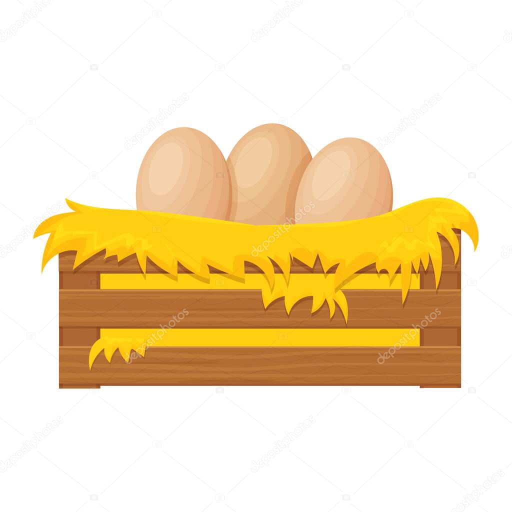 Wooden box, bale of hay, haystack with eggs in cartoon style isolated on white background. Han nest, farming clip art. Rural, textured and detailed breeding object. . Vector illustration