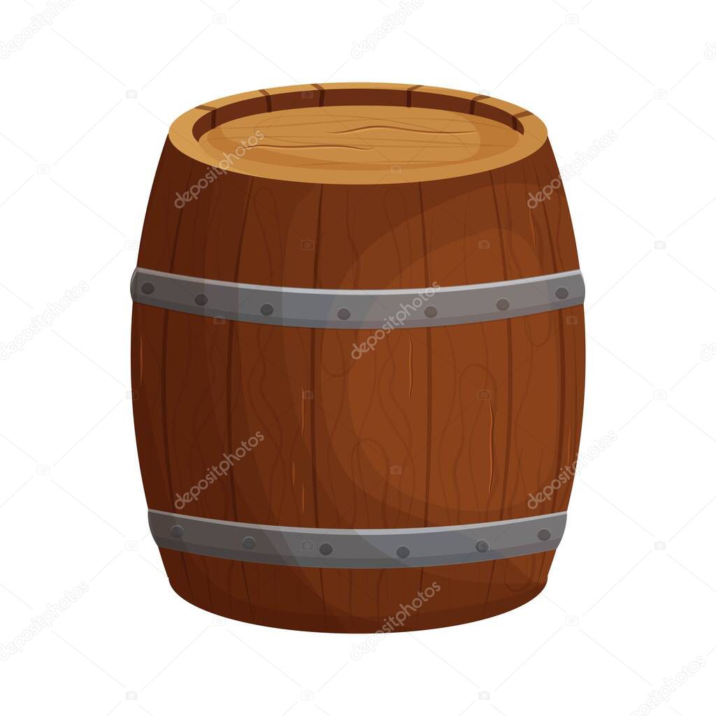 Wooden barrel detailed, textured in cartoon style isolated on white background. Ui game assets. Wood container, keg. Decoration, rural, rustic object. Vector illustration