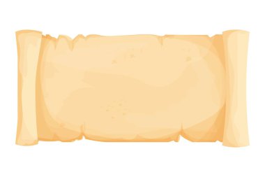 Parşömen afişi, beyaz arkaplanda izole edilmiş çizgi film tarzı parşömen kağıdı. Ui oyun varlık tasarımı. Boş papirüs, antika boş hisse senedi çizimi.