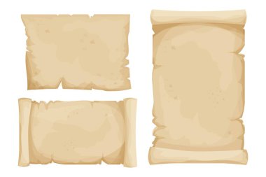 Parşömen, parşömen kağıdı papirüs, beyaz arkaplanda izole edilmiş çizgi film tarzında boş antika kağıt. Peri, fantezi unsuru, evet varlıklar. Desenli, detaylı boş el yazması.