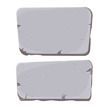 Taş tablet seti, beyaz arka planda karikatür tarzında çatlak elementli kaya afişi. Gri çerçeve, arayüz ui oyunları için blok kayası.