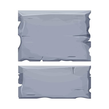 Taş tablet seti, beyaz arka planda karikatür tarzında çatlak elementli kaya afişi. Gri çerçeve, arayüz ui oyunları için blok kayası.