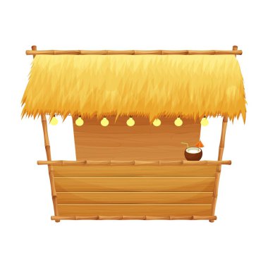 Summer beach bar tiki in cartoon style isolated on white background stock vector illustration. Retro, simple building with bamboo and wooden details. Summertime, vacation element.
