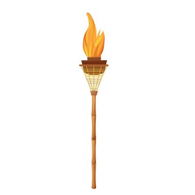 Tiki torch with bamboo stick with flame in cartoon style isolated on white background. Hawaiian decoration, island symbol. Vintage element, summertime. Vector illustration clipart