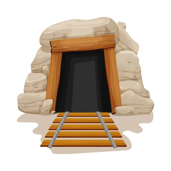 Vchod Jeskyně Železnicí Karikaturním Stylu Izolované Bílém Pozadí Kámen Kamenná — Stockový vektor
