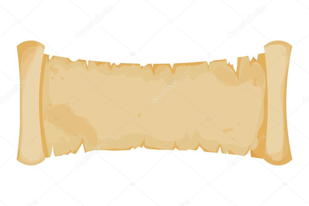 Parchment banner, scroll paper in cartoon style isolated on white background. Ui game asset design. Empty papyrus, antique blank stock vector illustration.