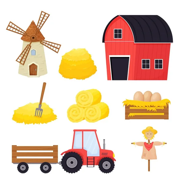 Farm Készlet Bála Széna Madárijesztő Szélmalom Traktor Rajzfilm Stílusban Elszigetelt — Stock Vector