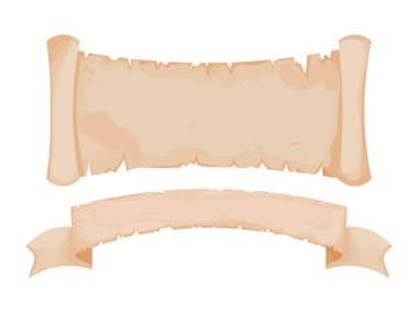 Parşömen afişi, beyaz arkaplanda izole edilmiş çizgi film tarzı parşömen kağıdı. Ui oyun varlık tasarımı. Boş papirüs, antika boş hisse senedi çizimi.