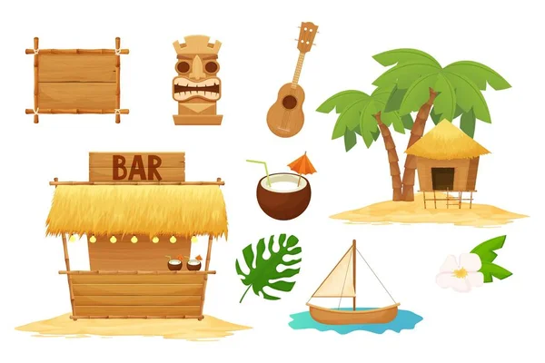 Hawaiano Conjunto Vacaciones Elementos Tradicionales Estilo Dibujos Animados Aislados Fondo — Vector de stock