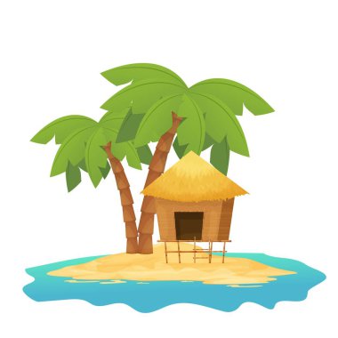 Plaj kulübesi ya da saman çatılı bungalov, tropik adada ahşap palmiye ağacı beyaz arka planda karikatür tarzı izole edilmiş. Bambu kabin, küçük ev egzotik nesneler. Vektör illüstrasyonu