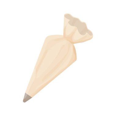 Pasta Torbası kreması, beyaz arkaplanda izole edilmiş çizgi film tarzı pişirme işlemi. Mutfak malzemeleri, çatal bıçak. Pasta süsü, krema hazırlığı için..