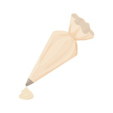 Pasta Torbası kremalı krema kreması beyaz arka planda izole edilmiş düz çizgi film tarzında. Mutfak malzemeleri, çatal bıçak. Pasta süsü, krema hazırlığı için..