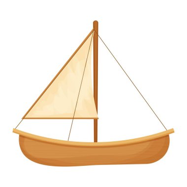 Yelkenli yelkenli beyaz arka planda karikatür tarzında. Yelkenli ve su dalgaları. Geleneksel ada kanosu. Desenli ve detaylı