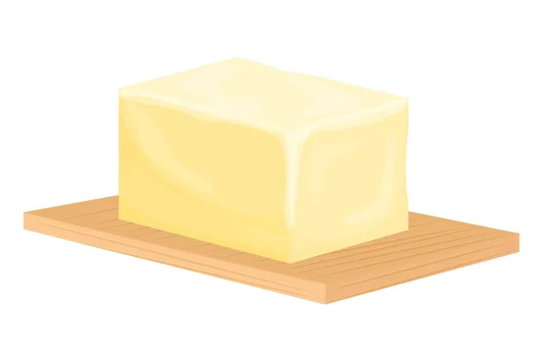 Ziegel aus Butter auf einem Holzschneidebrett im Cartoon-Stil isoliert auf dem Hintergrund. Margarine oder Brotaufstrich, fettes natürliches Milchprodukt. Kalorienfutter zum Kochen und Essen, Lanch — Stockvektor