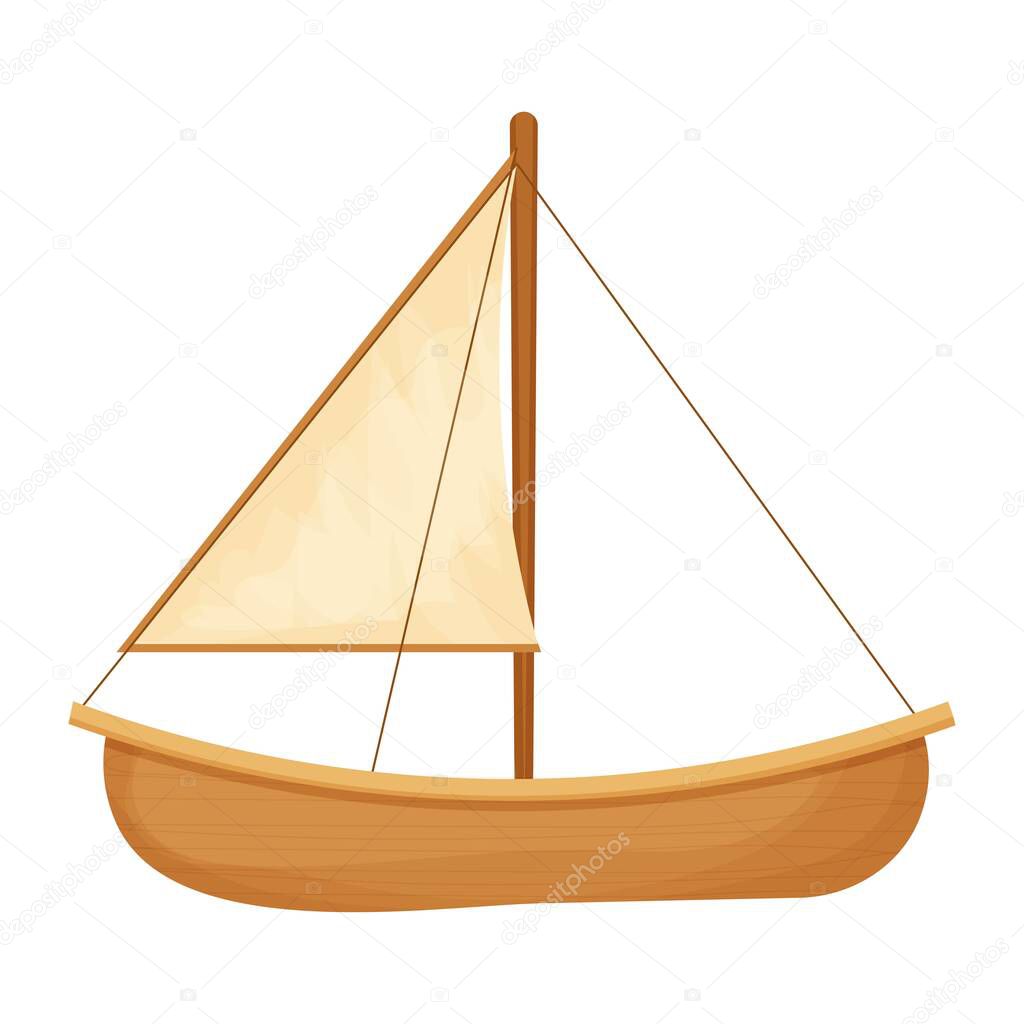 Sail boat with sails in cartoon style on isolated on white background. Sailboat and water waves. Traditional island canoe. Textured and detailed