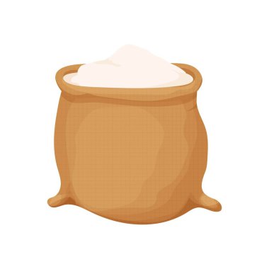 Beyaz arka planda izole edilmiş çizgi film tarzında un torbası. Un yığını. Tasarım elemanı. Ekmek ve hasat teması. Yemek ve yemek.