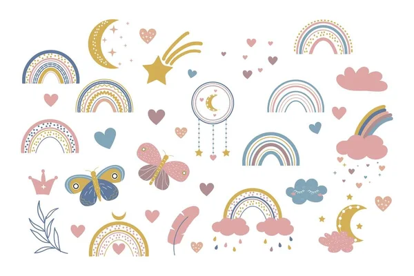 Tatlı gökkuşakları, ay, bulut ve düş kapanı ile bebek odası dekorasyonu için vektör boho tırmanışı. Doodle modern illüstrasyon. Bebek partisi, doğum günü, çocuk partisi için mükemmel.