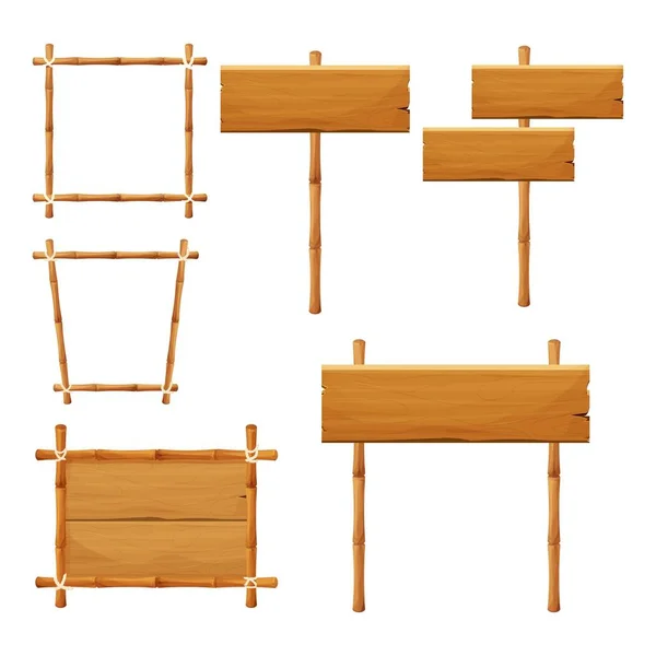 Ensemble Tablettes Bois Avec Bambou Panneaux Texturés Enseigne Dans Style — Image vectorielle