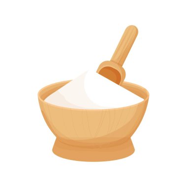 Beyaz malzemeli ahşap kase, beyaz arka planda izole edilmiş karikatür şeklinde kolaj kasesi. Pişirme ve pişirme malzemeleri, tasarım elementi