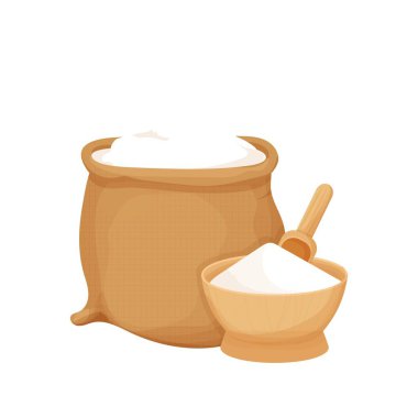 Kırsal çanta, ahşap kase ve beyaz arka planda karikatür şeklinde beyaz un içeren kaşık. Organik gıda, hasat, fırın stok vektör çizimi. Vektör illüstrasyonu