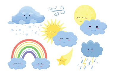 Beyaz arka planda karikatür düz stili şirin hava simgeleri oluşturuldu. Güneşin, yağmurun, fırtınanın, karın, rüzgarın, ayın, yıldızın, gökkuşağının temsili temsilcisi. Komik karakterler