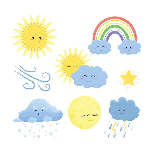 Cute weather icons set in cartoon flat style isolated on white background. Vector illustration of sun, rain, storm, snow, wind, moon, star, rainbow. Funny characters
