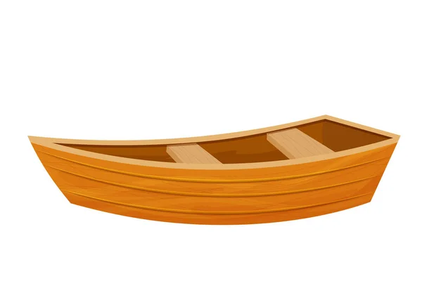 Barco de madeira, canoa em desenho animado estilo plano isolado no fundo branco. Equipamentos de pesca para lago ou mar. Transporte pequeno retro. — Vetor de Stock