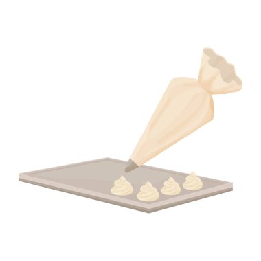 Pasta Torbası kremalı krema kreması beyaz arka planda izole edilmiş düz çizgi film tarzında. Mutfak malzemeleri, çatal bıçak. Pasta süsü, krema hazırlığı için..
