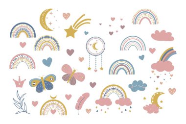 Tatlı gökkuşakları, ay, bulut ve düş kapanı ile bebek odası dekorasyonu için vektör boho tırmanışı. Doodle modern illüstrasyon. Bebek partisi, doğum günü, çocuk partisi için mükemmel.