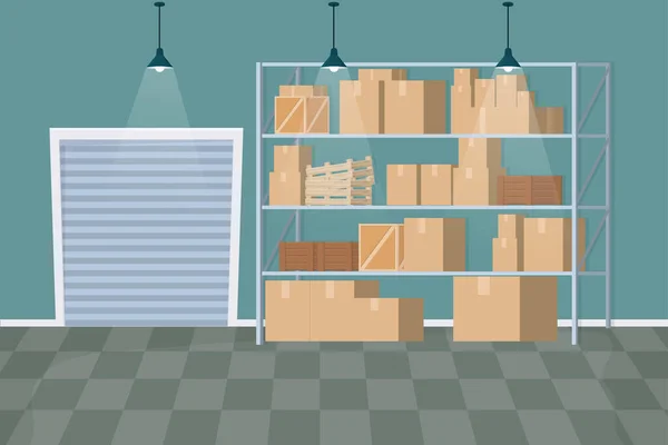 Wnętrze magazynu w stylu kreskówki z pudełkami, drewniane pojemniki, pakiety budynku wewnątrz. Półki przemysłowe i drzwi, pusty serwis logistyczny — Wektor stockowy