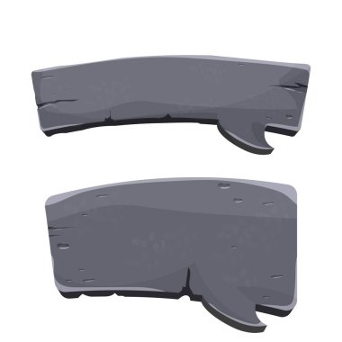 Taş pankartlar, karikatür tarzında baloncuklar, oyun tasarımı için metin, ui geliştirme, pankartlar, beyaz arkaplanda izole edilmiş panolar. Ayrıntılı çizgi roman tasarım ögesinin koleksiyonu