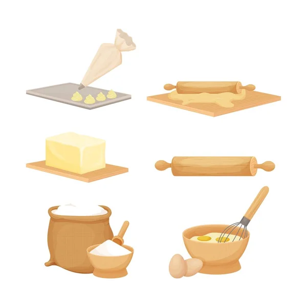 Cozimento Pastelaria Com Utensílios Cozinha Madeira Ingredientes Tigela Com Mesa — Vetor de Stock