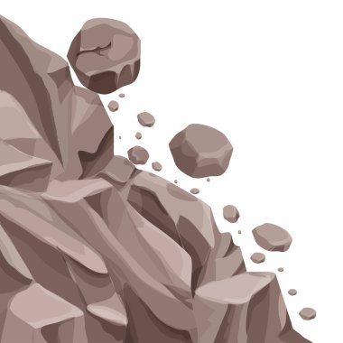 Dağ heyelan kayaları, beyaz arka planda izole edilmiş karikatür düz şekilli taşlar. Doğal afet, tehlike. Stok vektör illüstrasyonu.