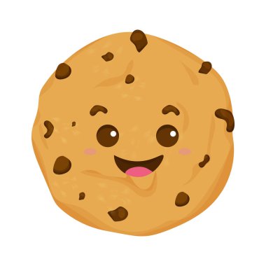 Şirin, komik kawaii kurabiyesi, beyaz arka planda izole edilmiş karikatür tarzında duygusal karakter. Çikolata parçacıklı tatlı.. 