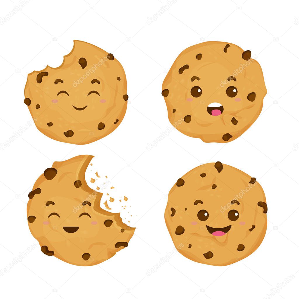 Set Cute, comic kawaii cookie, emotional character in cartoon style isolated on white background. Dessert with chocolate chips. 