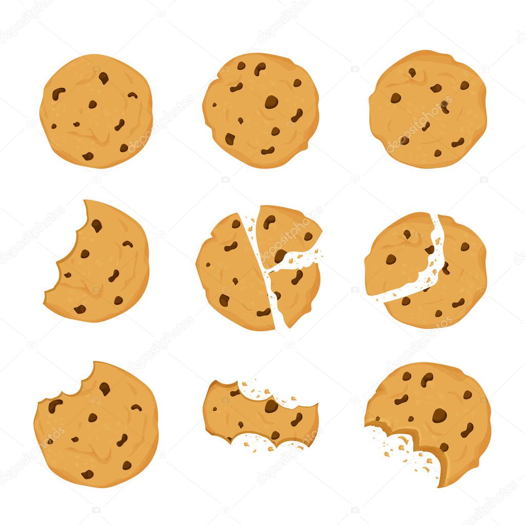 Set of Cookies with chocolate crisps bitten, broken, cookie crumbs in cartoon flat style isolated on white background. Snack bake, traditional bakery or desert.