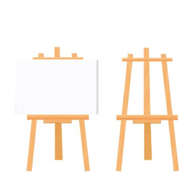 Ahşap sehpa boş kağıt vektör beyaz illüstrasyonunda izole edilmiş çizgi film tarzıyla taklit edilir. Sanatçı ekipmanı, reklam panosu, set.