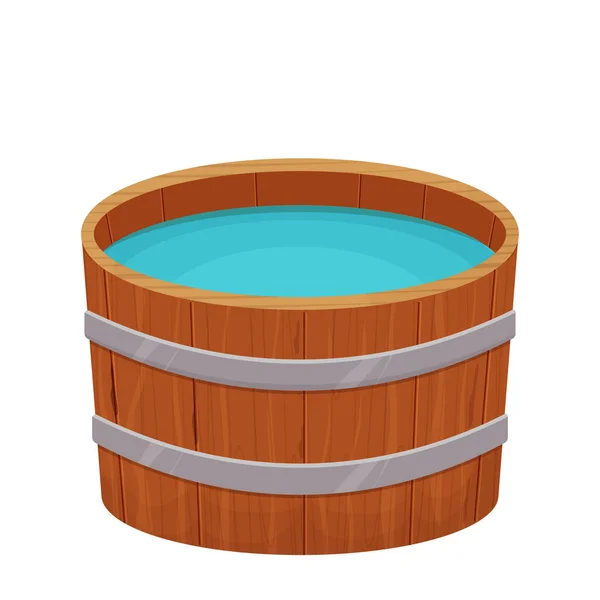 木制浴缸，水在卡通平面风格，白色背景隔离。传统的自然桑拿、澡堂设备. — 图库矢量图片