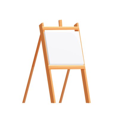 Wooden easel empty blank paper mock up in cartoon style isolated on vector white illustration. Artist equipment, advertising board. clipart