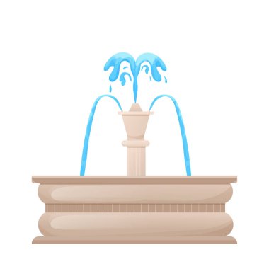 Çeşme, şehir ya da bahçe süslemesi beyaz arka planda izole edilmiş karikatür tarzında su sıçraması. Klasik yuvarlak tasarım, klip sanatı.