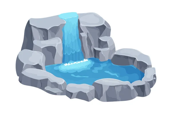 Cascada Cascada Con Piedras Lago Estilo Dibujos Animados Aislado Sobre — Vector de stock