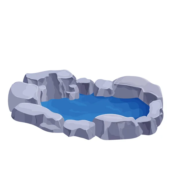 Rybník s vodou a kameny, přírodní nebo zahradní dekorace v kresleném stylu izolované na bílém pozadí. Ui game asset, Park pool, jezero. — Stockový vektor