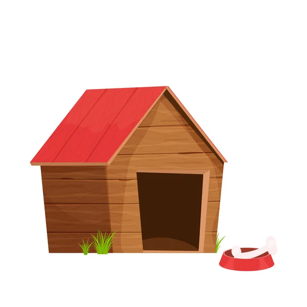 面白い犬小屋 白い背景に隔離された漫画のスタイルで木製の犬小屋 屋根と骨とボウルとコミック幼稚な建設 — ストックベクタ