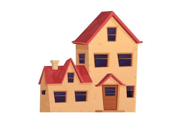 详细可爱的房子 郊区小屋漫画风格孤立的白色背景 前视图与窗 好地方 — 图库矢量图片