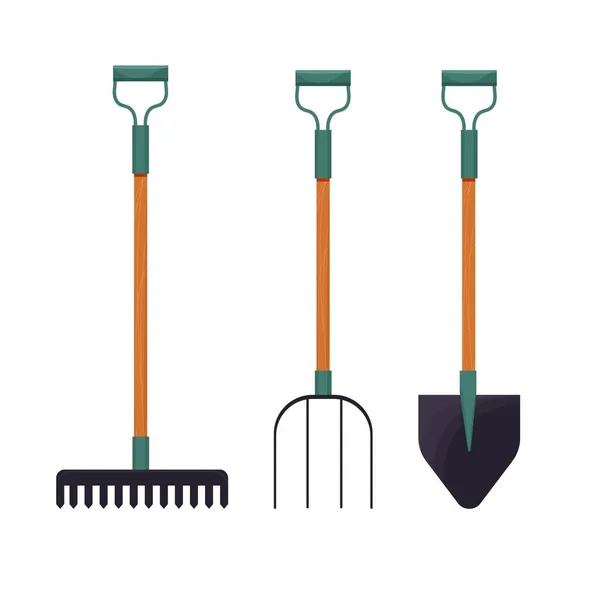 Set of farmer, gardening equipment in flat cartoon style, Planting tool kit isolated on white background. Cartoon rake for harvesting, garden shovel, pitchfork stock vector illustration. — Stock Vector