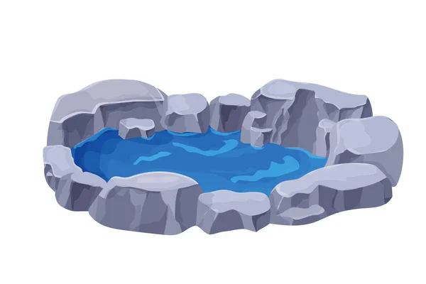 Lagoa com água e pedras, decoração natural ou jardim em estilo cartoon isolado no fundo branco. Ui jogo ativo, piscina do parque, lago. —  Vetores de Stock