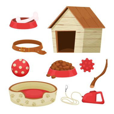 Köpek kulübesi, oyuncak, tasma gibi beyaz arka planda izole edilmiş evcil hayvan bakımı için farklı kadrolu köpekler için aksesuarlar. Malzeme koleksiyonu, malzeme