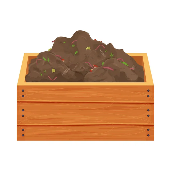 Komposthaufen mit Biomüll und Regenwürmern in Holzkiste im Cartoon-Stil isoliert auf weißem Hintergrund. Recycling-Prozess, Gartenarbeit. — Stockvektor