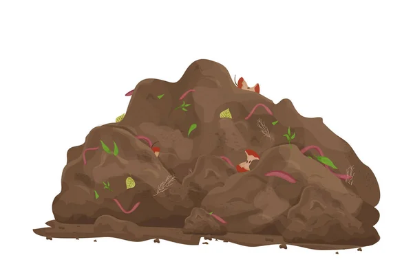 Compost pile with organic garbage and earthworms in cartoon style isolated on white background. Farming, recycling concept. — Stock Illustration Compost pile with organic garbage and earthworms in cartoon style isolated on white background. Farming, recycling concept. Stock Illustration
